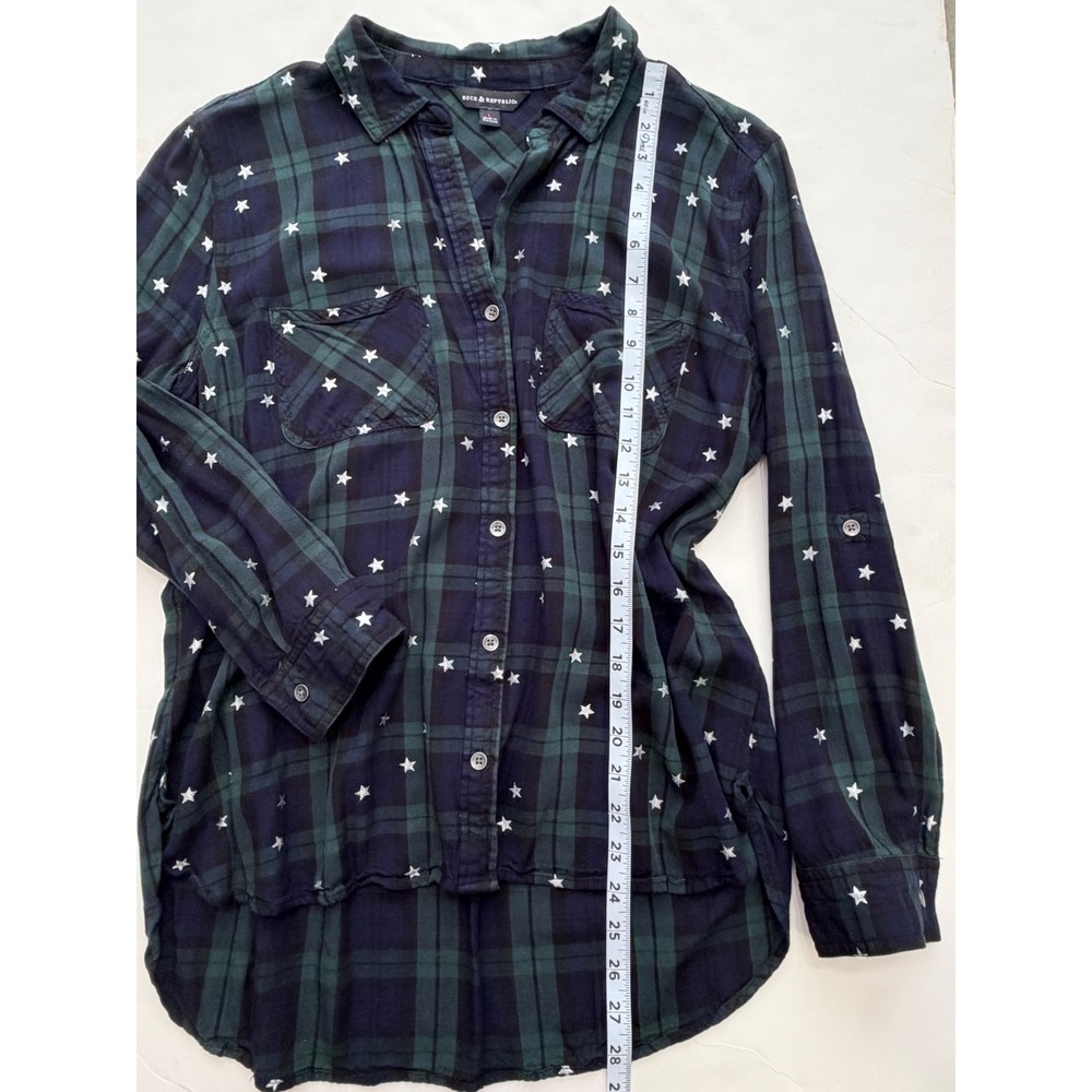 Rock & Republic Green Navy Blue Plaid Star Print Button Down Shirt Large - Picture 4 of 7